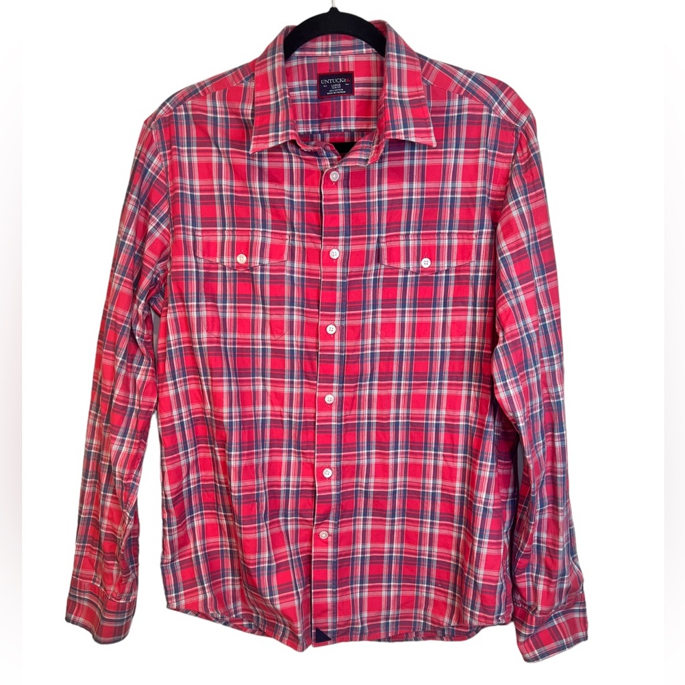 Untuckit Men's Size Large Slim Fit Button Up Shirt Red & Gray Plaid